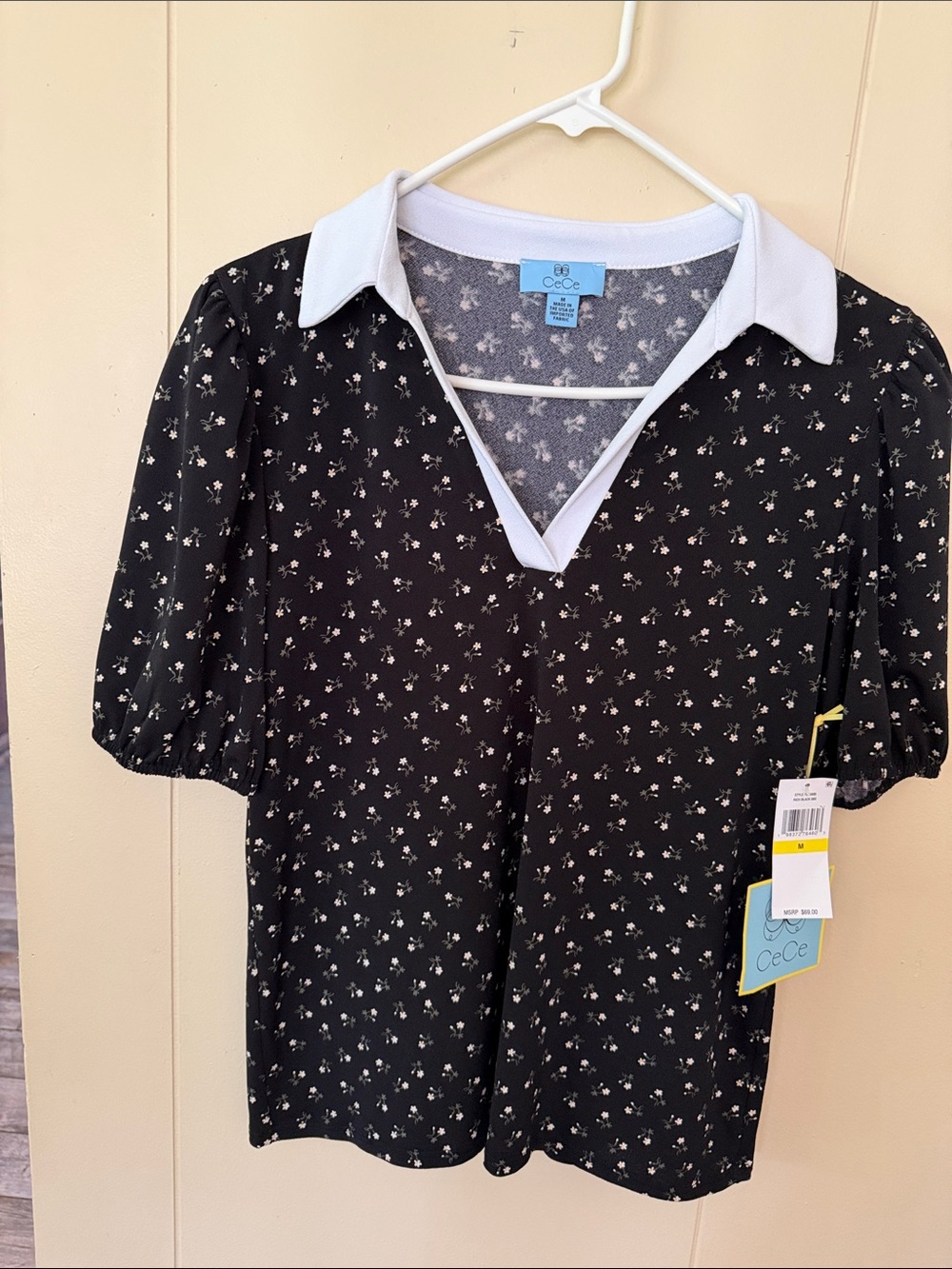 CeCe Black Floral V-Neck Polo with White Collar